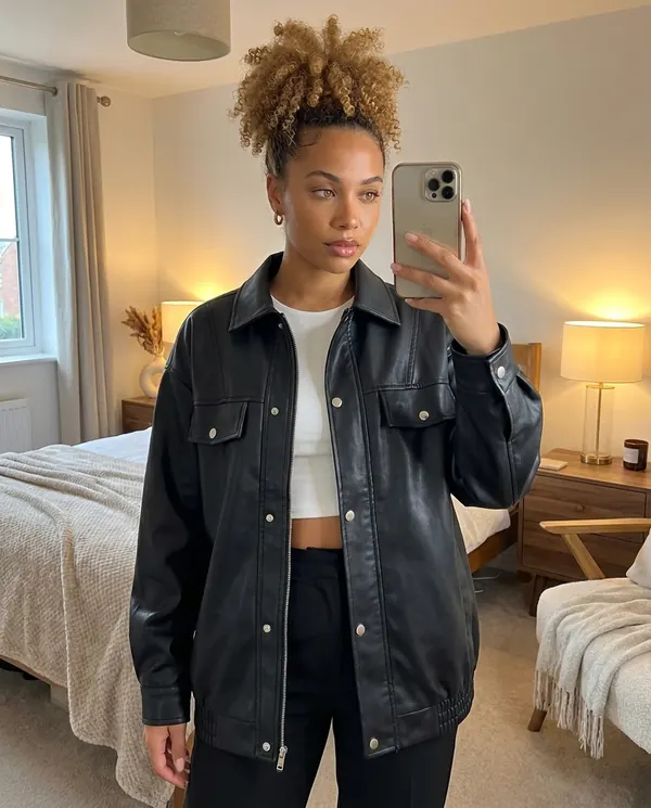 Satin Eve styling: Faux Leather Oversized Snap Shacket