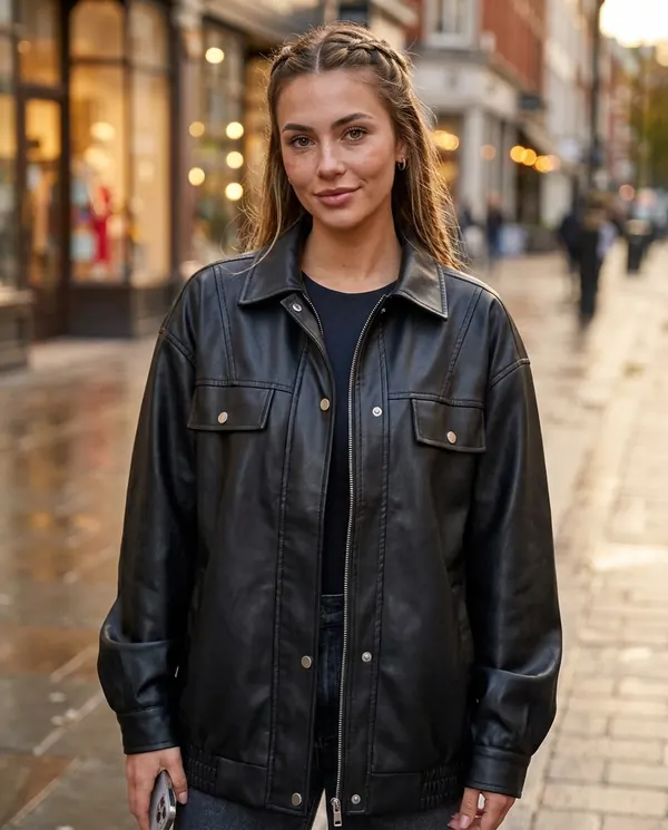 Satin Eve styling: Faux Leather Oversized Snap Shacket