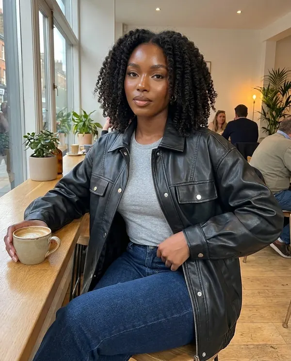 Satin Eve styling: Faux Leather Oversized Snap Shacket