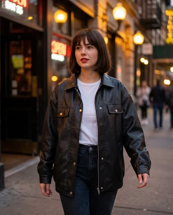 Satin Eve styling: Faux Leather Oversized Snap Shacket