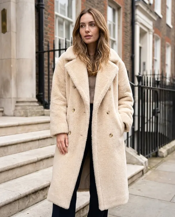 Satin Eve styling: Double-Breasted Teddy Coat
