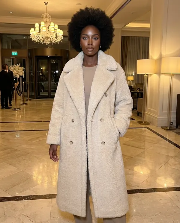 Satin Eve styling: Double-Breasted Teddy Coat