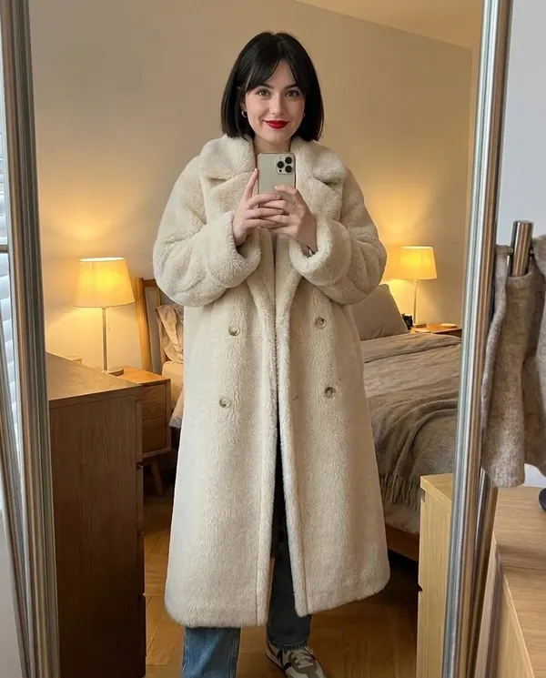 Satin Eve styling: Double-Breasted Teddy Coat