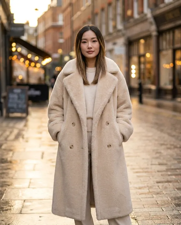 Satin Eve styling: Double-Breasted Teddy Coat