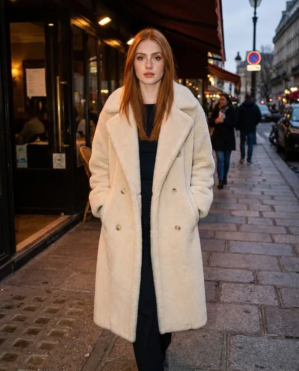 Satin Eve styling: Double-Breasted Teddy Coat
