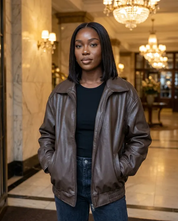 Satin Eve styling: Faux Leather Collared Bomber Jacket