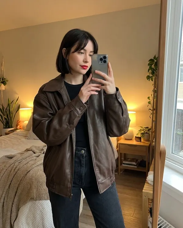 Satin Eve styling: Faux Leather Collared Bomber Jacket
