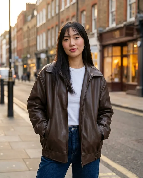 Satin Eve styling: Faux Leather Collared Bomber Jacket