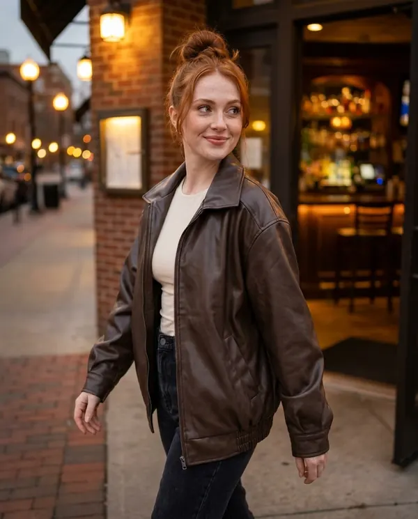 Satin Eve styling: Faux Leather Collared Bomber Jacket