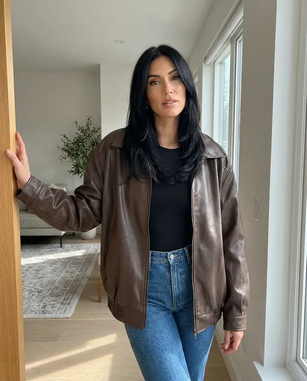 Satin Eve styling: Faux Leather Collared Bomber Jacket