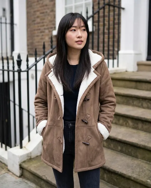 Satin Eve styling: Faux Suede Sherpa-Lined Duffle Coat