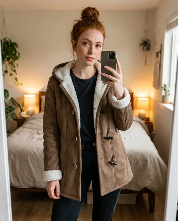 Satin Eve styling: Faux Suede Sherpa-Lined Duffle Coat