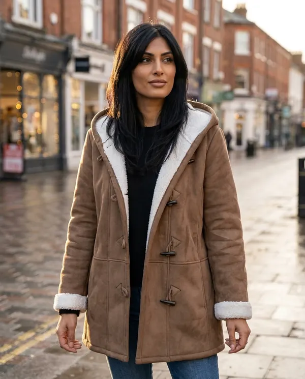 Satin Eve styling: Faux Suede Sherpa-Lined Duffle Coat
