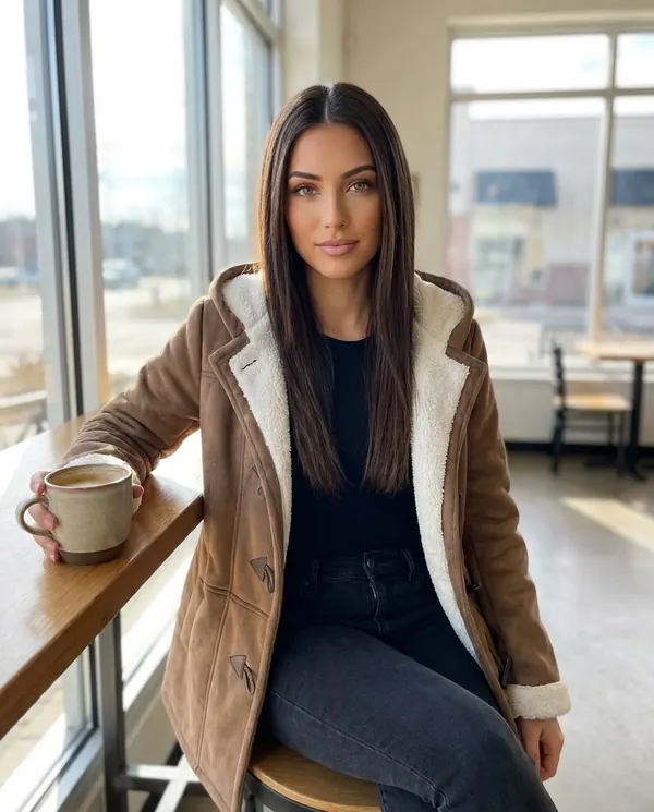 Satin Eve styling: Faux Suede Sherpa-Lined Duffle Coat