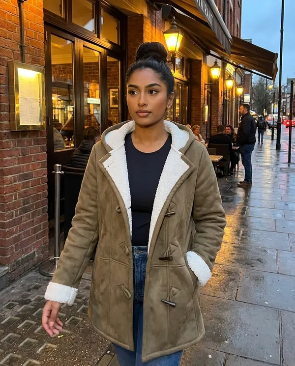 Satin Eve styling: Faux Suede Sherpa-Lined Duffle Coat