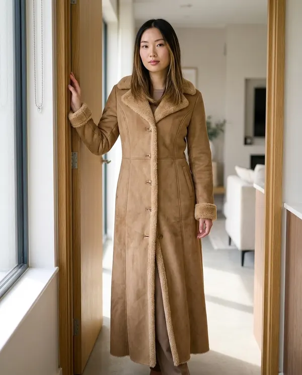 Satin Eve styling: Faux Suede Shearling-Trim Long Coat