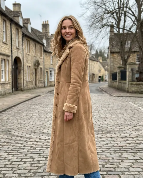 Satin Eve styling: Faux Suede Shearling-Trim Long Coat