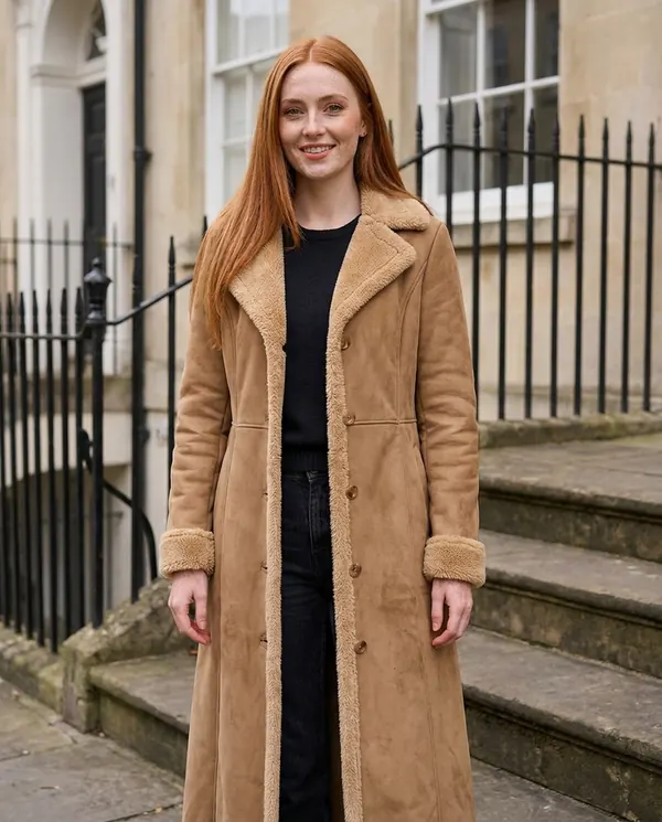 Satin Eve styling: Faux Suede Shearling-Trim Long Coat