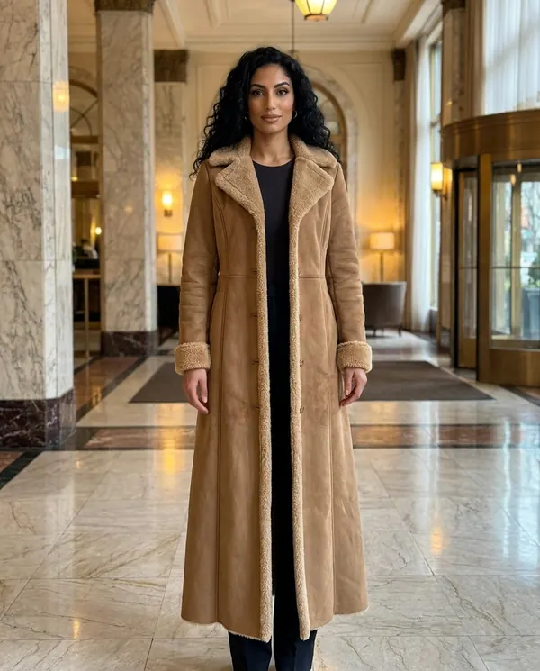Satin Eve styling: Faux Suede Shearling-Trim Long Coat