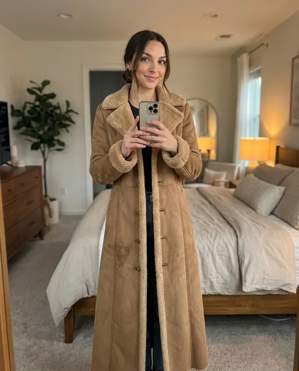 Satin Eve styling: Faux Suede Shearling-Trim Long Coat