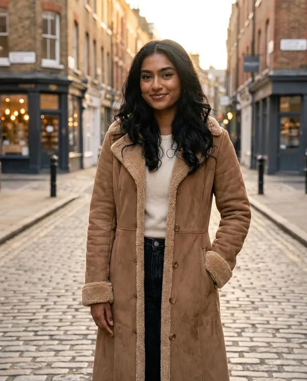 Satin Eve styling: Faux Suede Shearling-Trim Long Coat