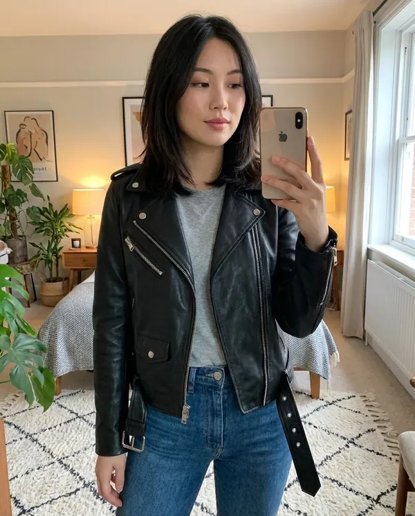 Satin Eve styling: Faux Leather Belted Biker Jacket
