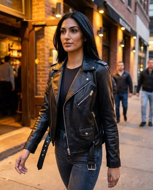 Satin Eve styling: Faux Leather Belted Biker Jacket