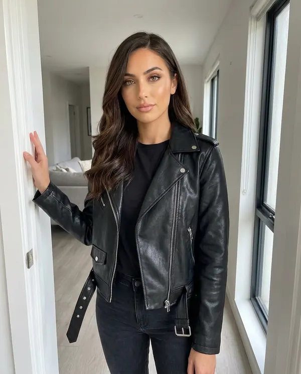 Satin Eve styling: Faux Leather Belted Biker Jacket