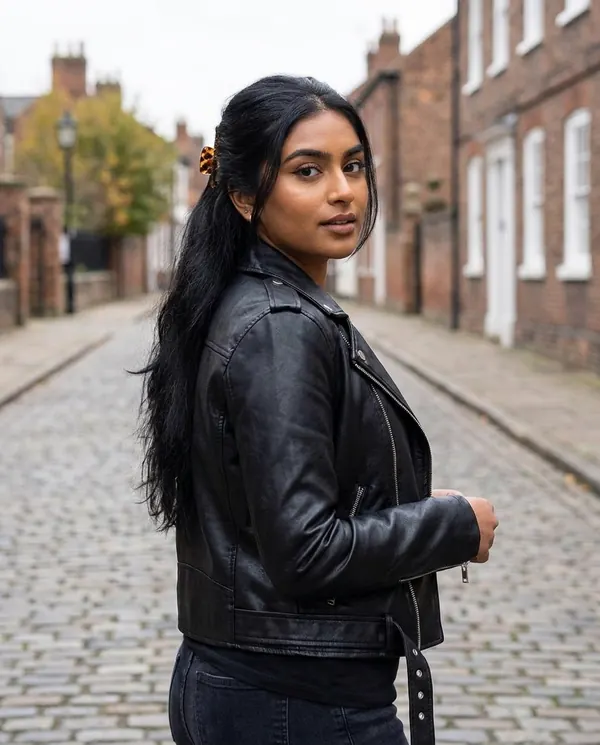 Satin Eve styling: Faux Leather Belted Biker Jacket
