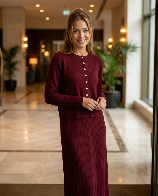 Satin Eve styling: Button Cardigan and Ribbed Midi Skirt Set
