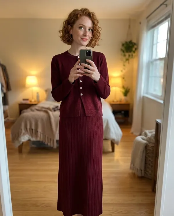 Satin Eve styling: Button Cardigan and Ribbed Midi Skirt Set