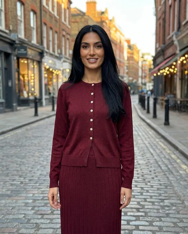 Satin Eve styling: Button Cardigan and Ribbed Midi Skirt Set