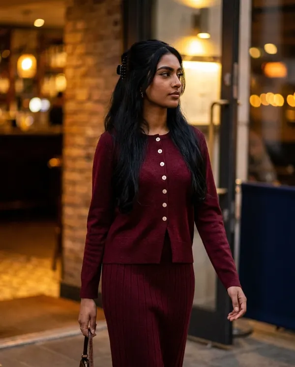 Satin Eve styling: Button Cardigan and Ribbed Midi Skirt Set