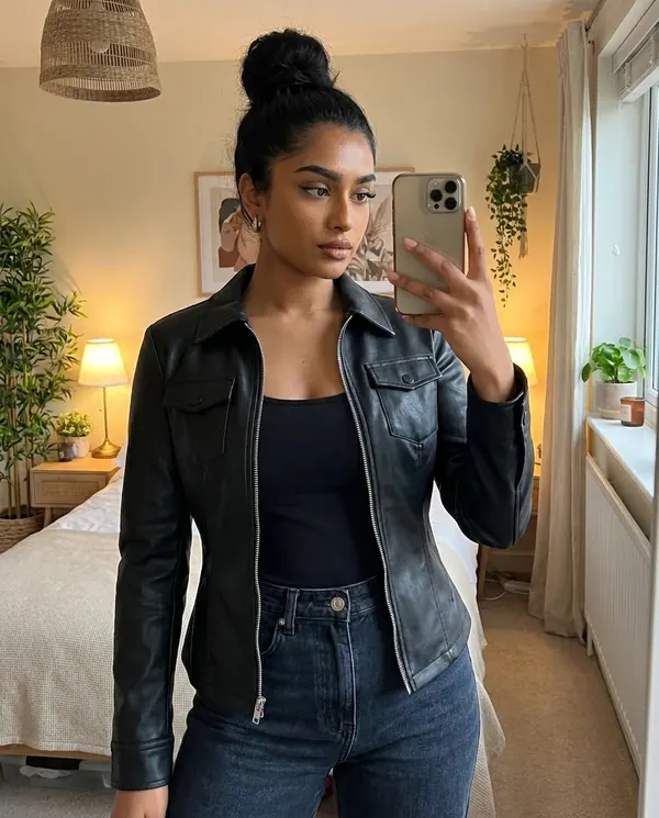 Satin Eve styling: Faux Leather Fitted Zip Shacket