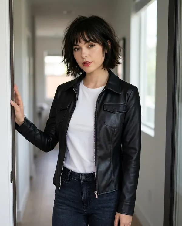 Satin Eve styling: Faux Leather Fitted Zip Shacket