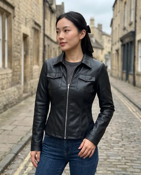 Satin Eve styling: Faux Leather Fitted Zip Shacket