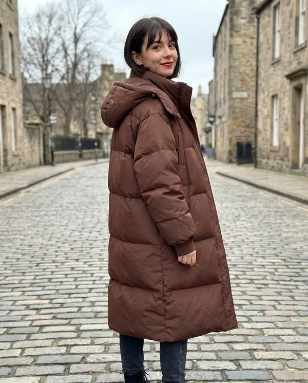 Satin Eve styling: Long Hooded Puffer Coat