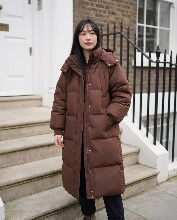 Satin Eve styling: Long Hooded Puffer Coat