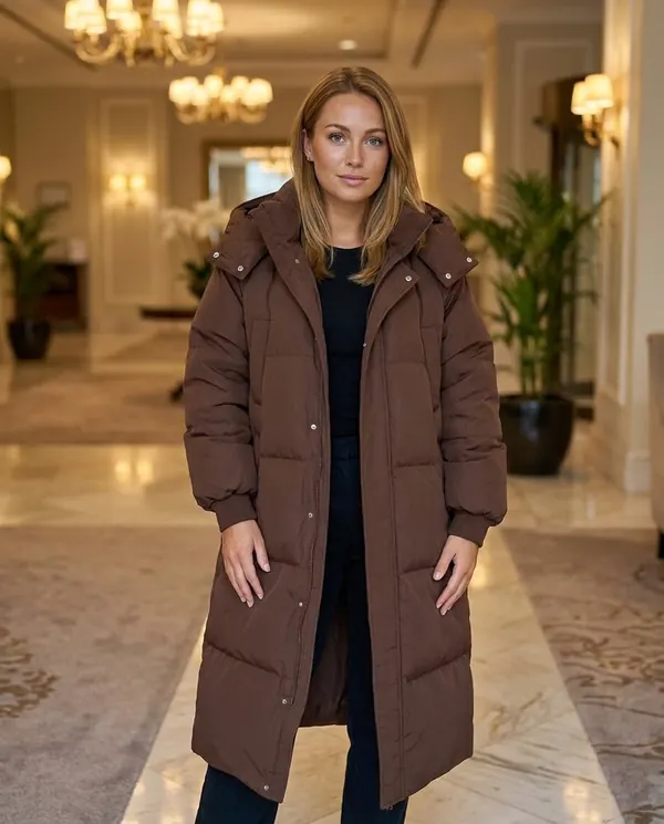 Satin Eve styling: Long Hooded Puffer Coat