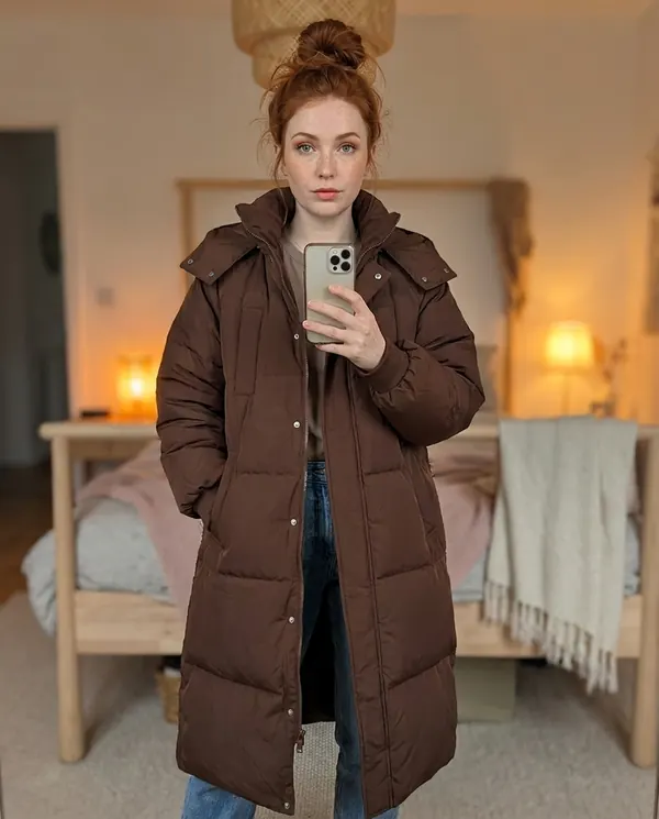 Satin Eve styling: Long Hooded Puffer Coat