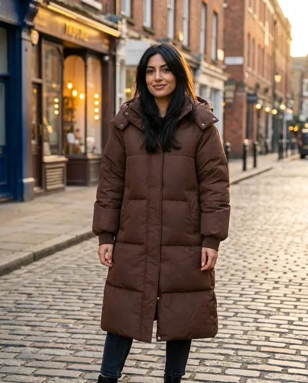 Satin Eve styling: Long Hooded Puffer Coat