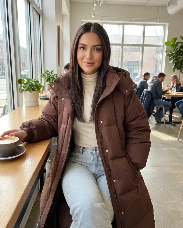 Satin Eve styling: Long Hooded Puffer Coat