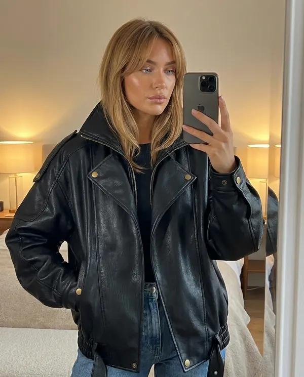 Satin Eve styling: Faux Leather Oversized Belted-Hem Moto Jacket