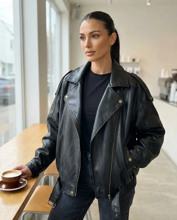 Satin Eve styling: Faux Leather Oversized Belted-Hem Moto Jacket
