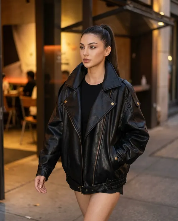 Satin Eve styling: Faux Leather Oversized Belted-Hem Moto Jacket