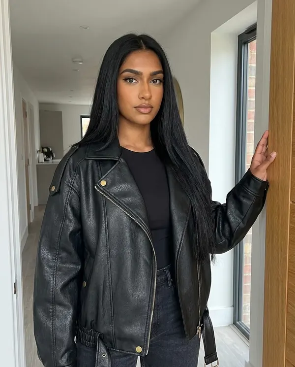 Satin Eve styling: Faux Leather Oversized Belted-Hem Moto Jacket