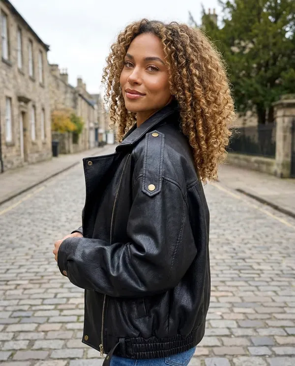 Satin Eve styling: Faux Leather Oversized Belted-Hem Moto Jacket