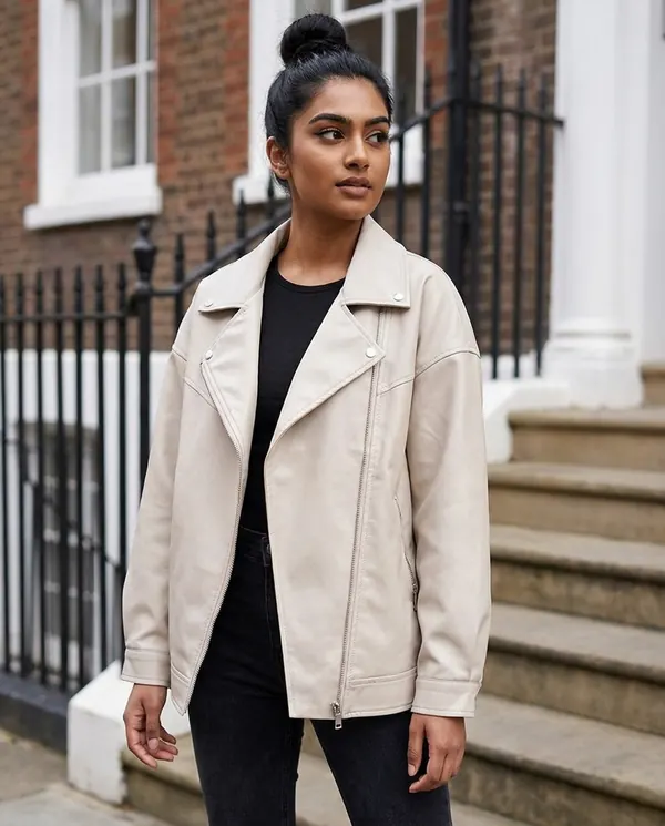 Satin Eve styling: Faux Leather Relaxed Lapel Biker Jacket