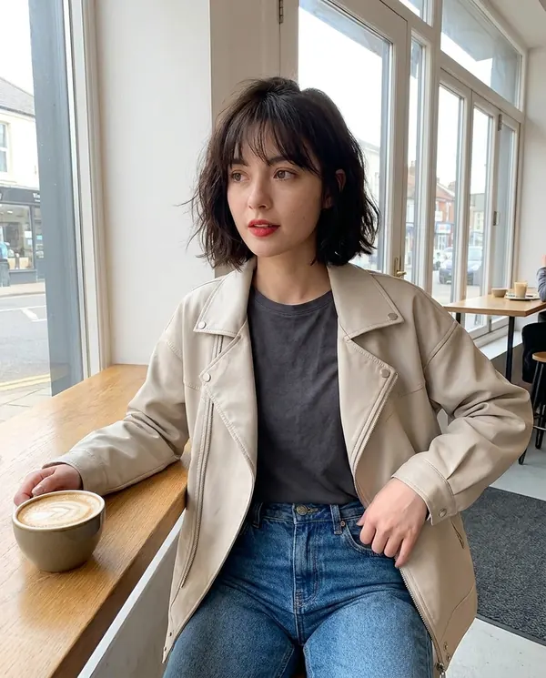 Satin Eve styling: Faux Leather Relaxed Lapel Biker Jacket