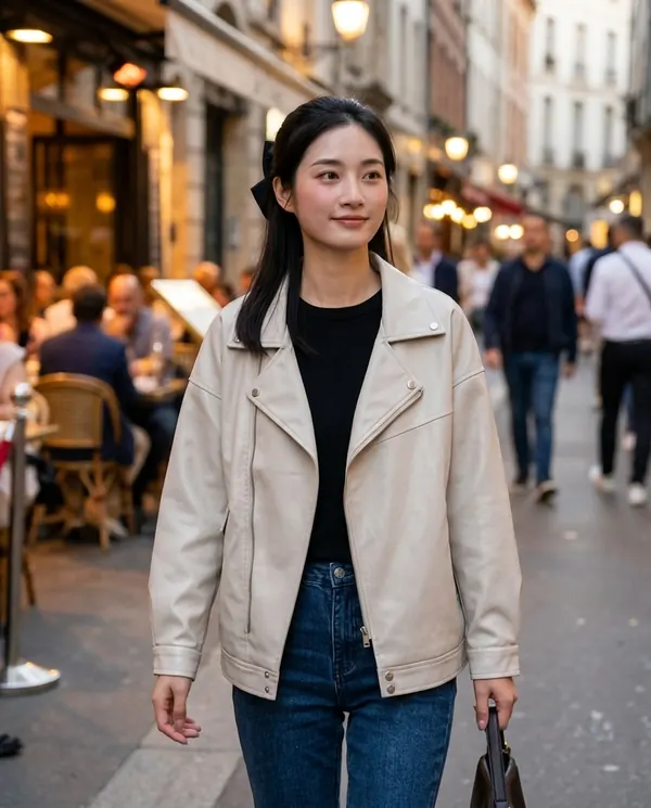 Satin Eve styling: Faux Leather Relaxed Lapel Biker Jacket